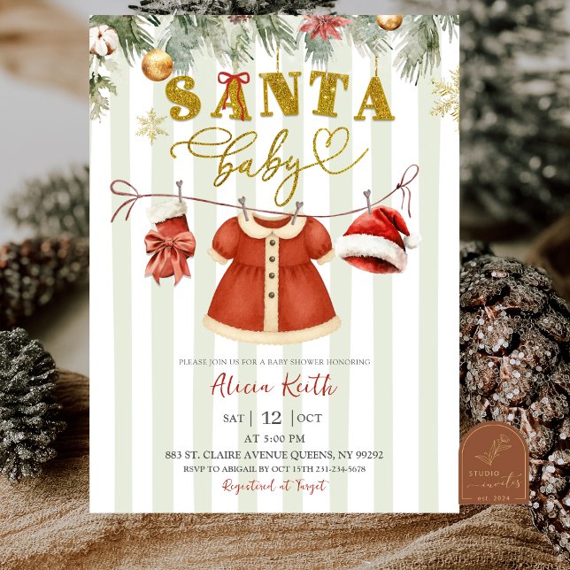 Christmas Santa Clothesline Girl Baby Shower Invitation (Creator Uploaded)