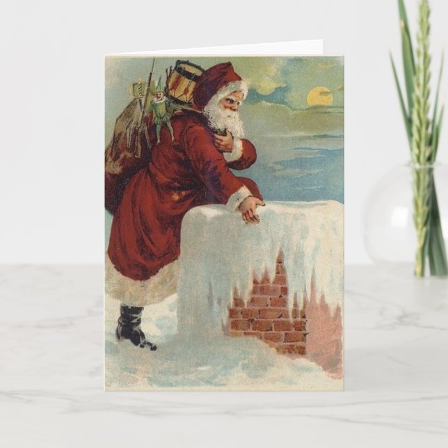 Christmas -  Santa Coming Down the Chimney Holiday Card (Front)