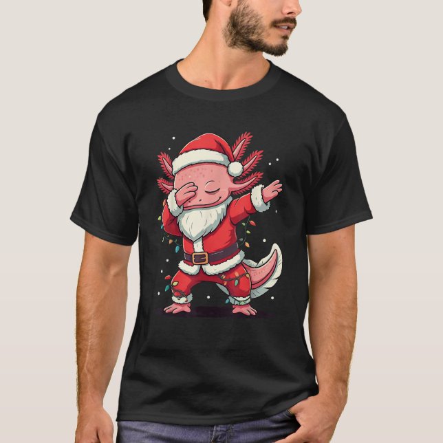 Christmas Santa Costume Dabbing Axolotl Xmas Light T-Shirt (Front)