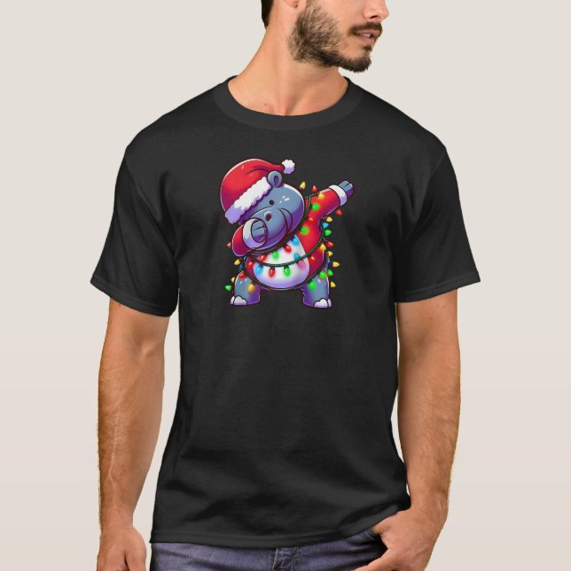 Christmas Santa Costume Dabbing Hippo Xmas Lights  T-Shirt (Front)