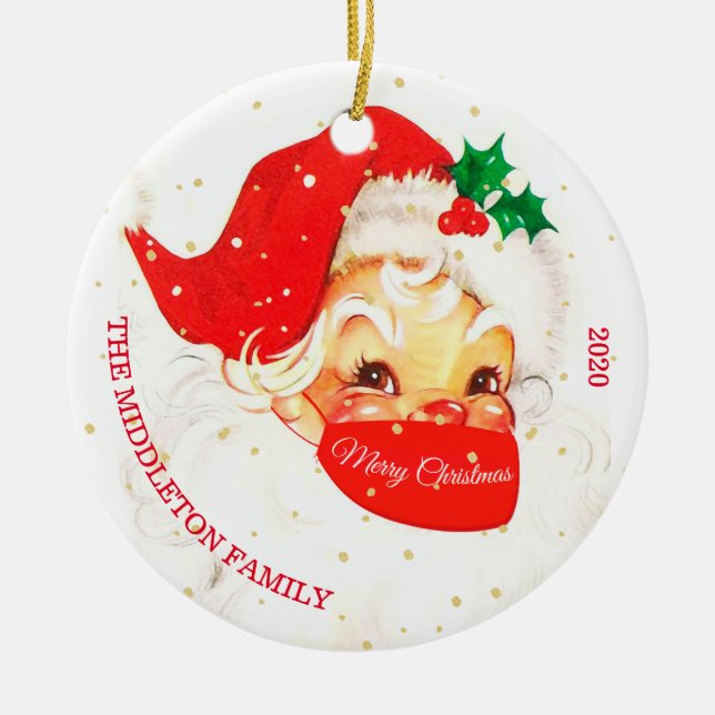 Christmas Santa Covid-19 Mask Merry Fun Greeting Ceramic Tree Decoration (Front)