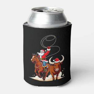 Christmas Santa Cowboy Lasso Bull Riding Rodeo Can Cooler