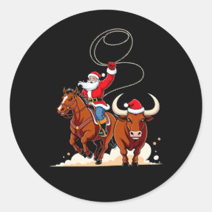 Christmas Santa Cowboy Lasso Bull Riding Rodeo Classic Round Sticker