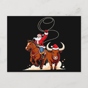 Christmas Santa Cowboy Lasso Bull Riding Rodeo Holiday Postcard