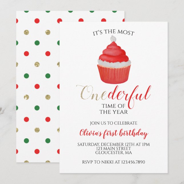 Christmas Santa Cupcake Onederful First Birthday I Invitation (Front/Back)