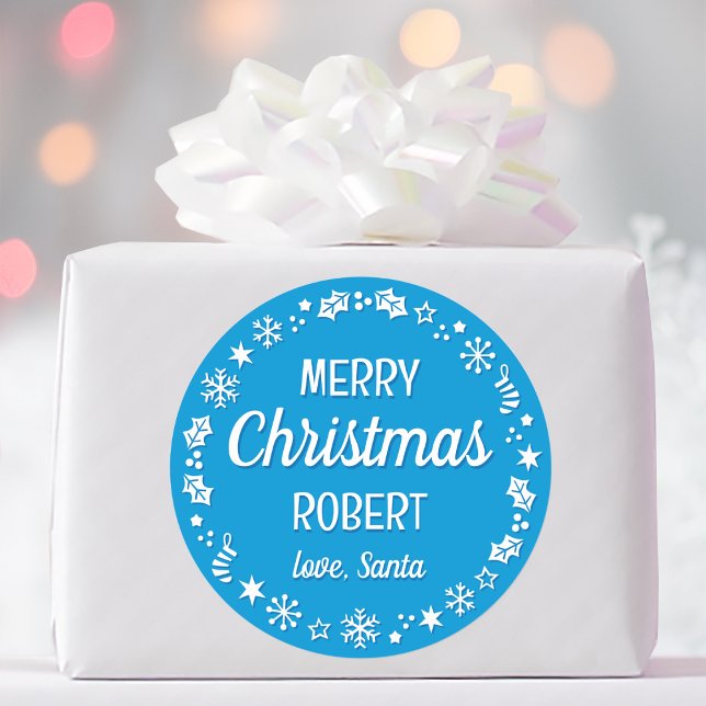 Christmas Santa Custom Name Blue Classic Round Sticker (Creator Uploaded)