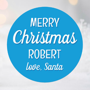 Christmas Santa Custom Name Blue Small Classic Round Sticker