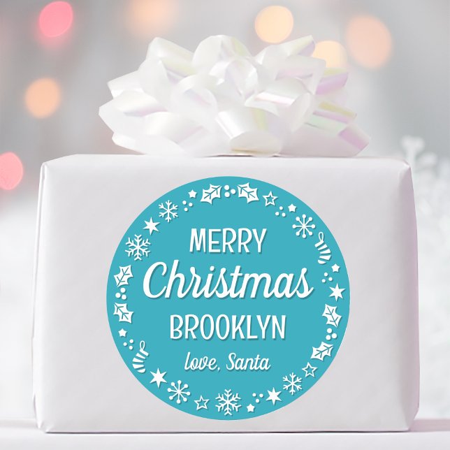 Christmas Santa Custom Name Teal Classic Round Sticker (Creator Uploaded)