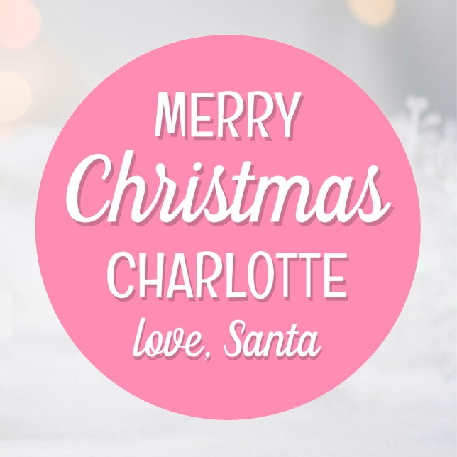 Christmas Santa Custom Name Typography Pink Classic Round Sticker (Creator Uploaded)