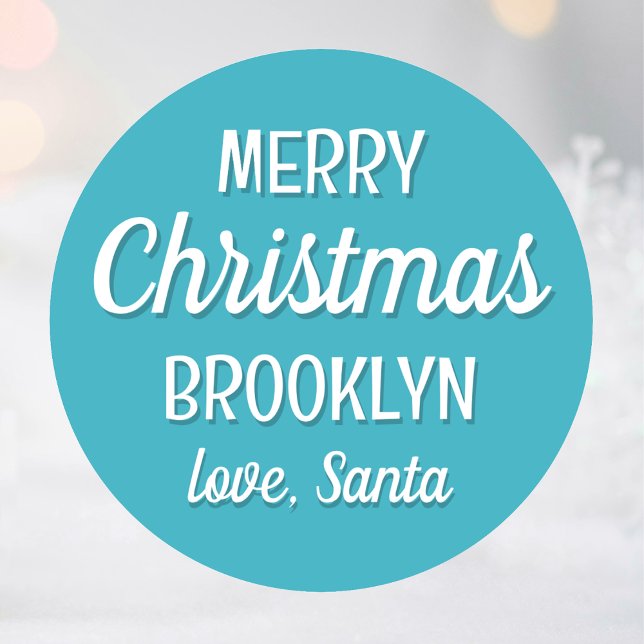 Christmas Santa Custom Name Typography Teal Classic Round Sticker (Creator Uploaded)