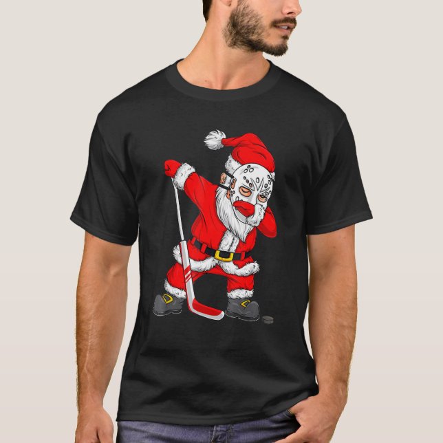 Christmas Santa Dabbing Hockey Player Xmas Holiday T-Shirt (Front)