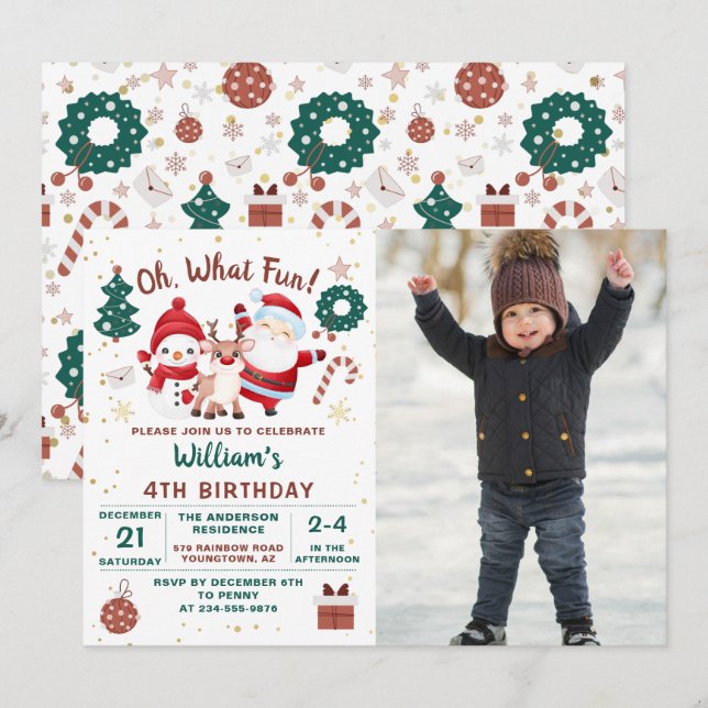 Christmas Santa Deer Snowman Winter Birthday Photo Invitation (Front/Back)