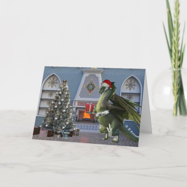 Christmas Santa Dragon Tree Fireplace Scene Card (Front)