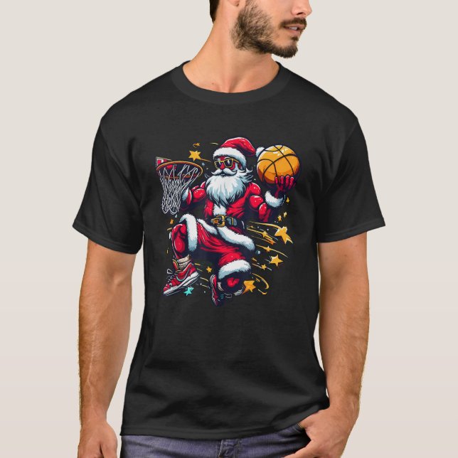 Christmas Santa Dunking A Basketball Boys Kids Men T-Shirt (Front)