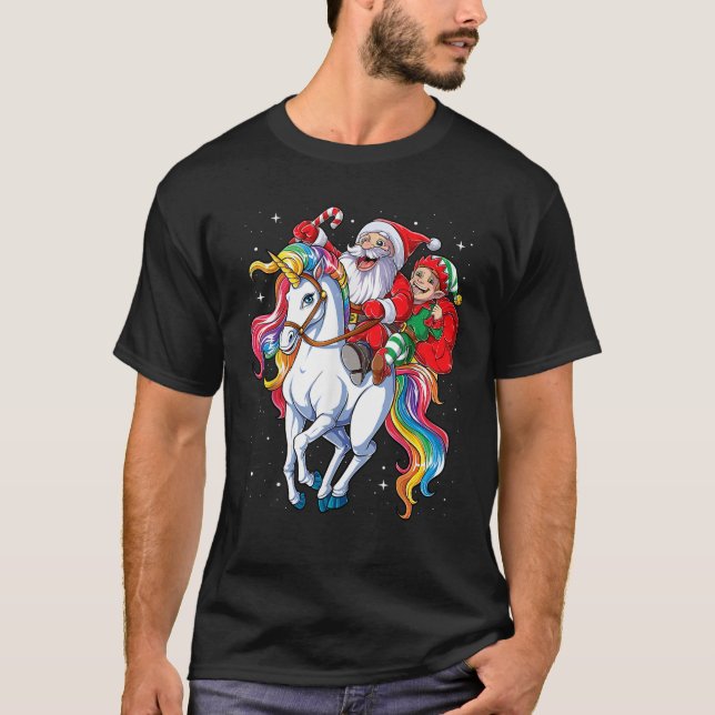 Christmas Santa Elf Riding Unicorn Xmas Girls Wome T-Shirt (Front)