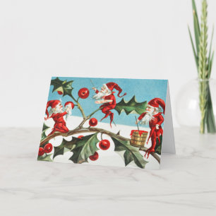 Christmas Santa Elves Painting Berries on Leaves Holiday Card