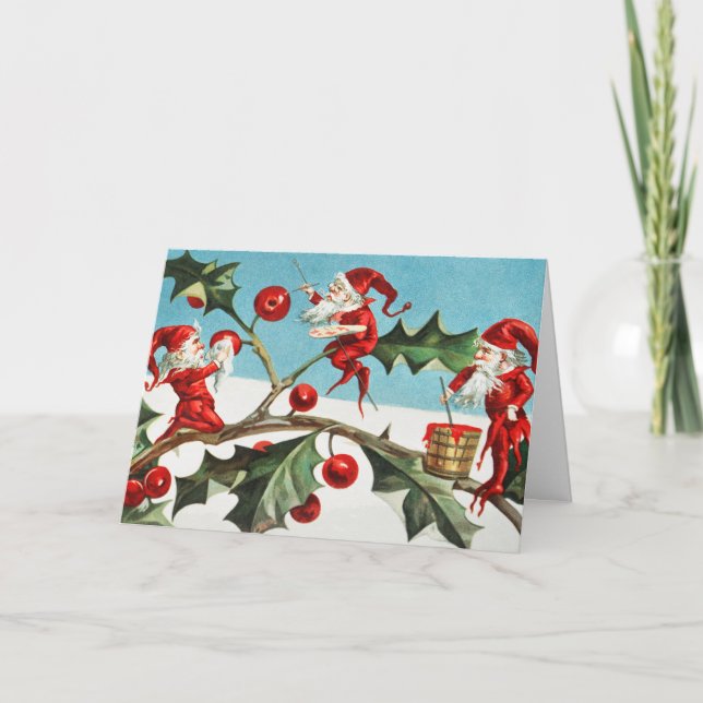 Christmas Santa Elves Painting Berries on Leaves Holiday Card (Front)