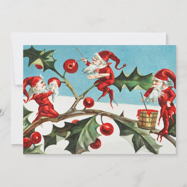 Christmas Santa Elves Painting Berries on Leaves Holiday Card (Front)