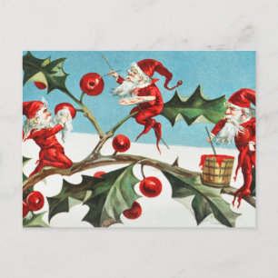Christmas Santa Elves Painting Berries on Leaves Holiday Postcard