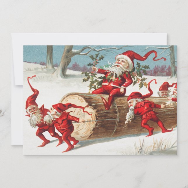 Christmas Santa elves sliding on a log Holiday Card (Front)