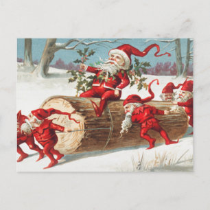 Christmas Santa elves sliding on a log Holiday Postcard