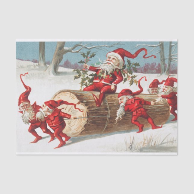 Christmas Santa elves sliding on a log Tissue Paper (Front)