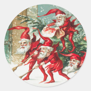 Christmas Santa elves sweeping snow Holiday Classic Round Sticker