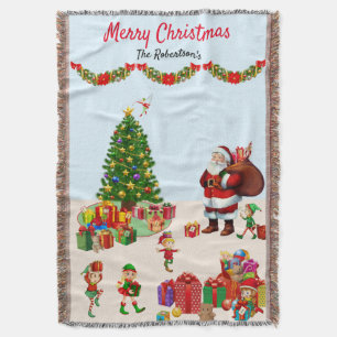 Christmas Santa & Elves with Presents Names Gift T Throw Blanket