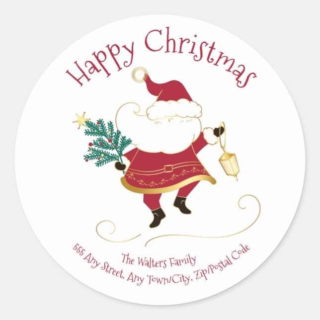 Christmas Santa Family Name Return Address Classic Round Sticker (Front)