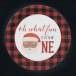 Christmas Santa  First Birthday Paper Plate<br><div class="desc">Christmas Santa first birthday party with water colour santa and buffalo plaid. Oh what fun it is to be one!</div>
