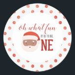 Christmas Santa  First Birthday Paper Plate Classic Round Sticker<br><div class="desc">Christmas Santa first birthday party with water colour santa and red polka dots. Oh what fun it is to be one!</div>
