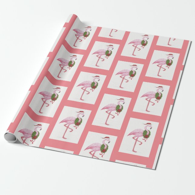 Christmas Santa Flamingo Pink Wrapping Paper (Unrolled)