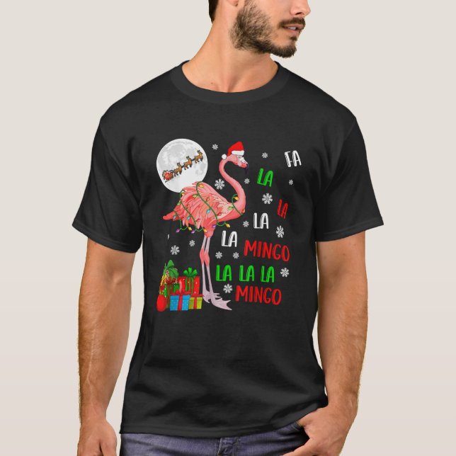 Christmas Santa Flamingo Xmas Lights Santa Sleigh  T-Shirt (Front)