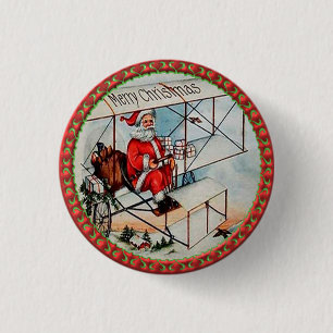 Christmas Santa flying a old aeroplane 3 Cm Round Badge