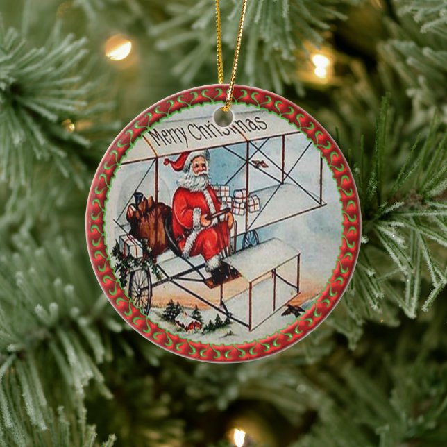 Christmas Santa flying a old aeroplane Ceramic Tree Decoration (Tree)
