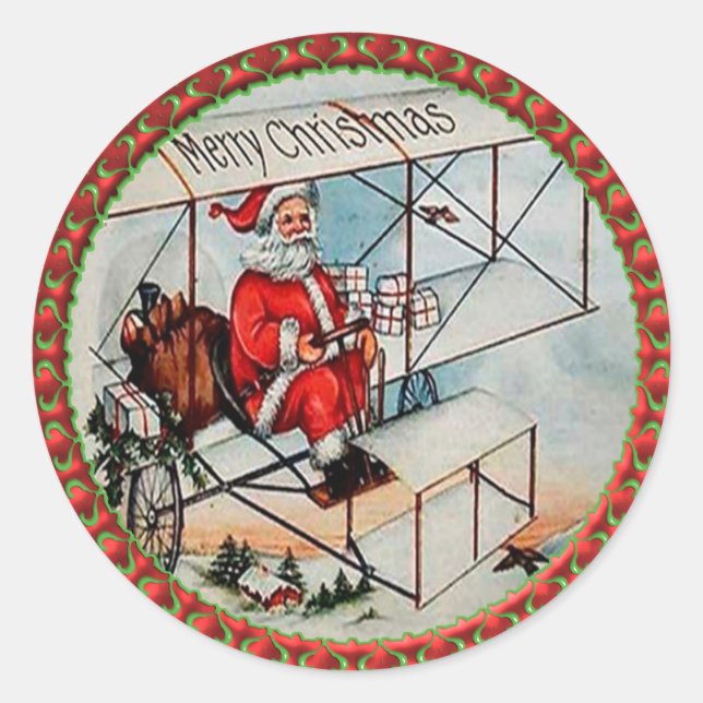 Christmas Santa flying a old aeroplane Classic Round Sticker (Front)