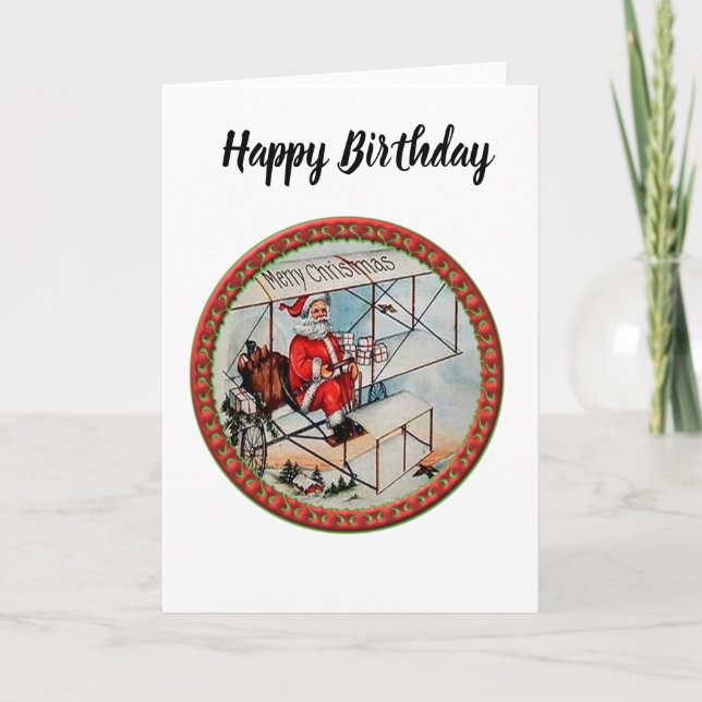 Christmas Santa flying a old aeroplane Holiday Card (Front)