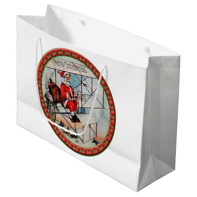 Christmas Santa flying a old aeroplane Large Gift Bag (Front Angled)