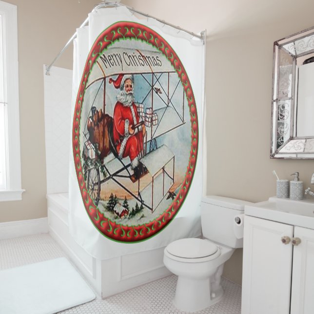 Christmas Santa flying a old aeroplane Shower Curtain (In Situ)
