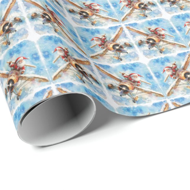 Christmas Santa Flying Aeroplane Wrapping Paper (Roll Corner)