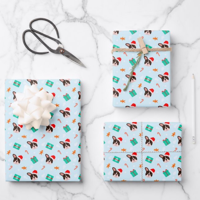 Christmas Santa French Bulldog Gingerbread Cookies Wrapping Paper Sheet (Front)