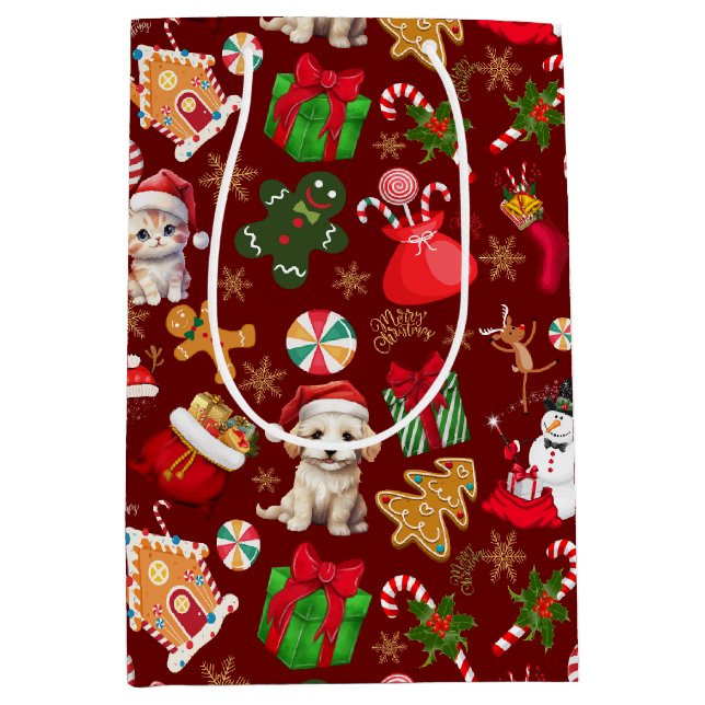 Christmas Santa Gingerbread Candy Pattern Red Medium Gift Bag (Front)