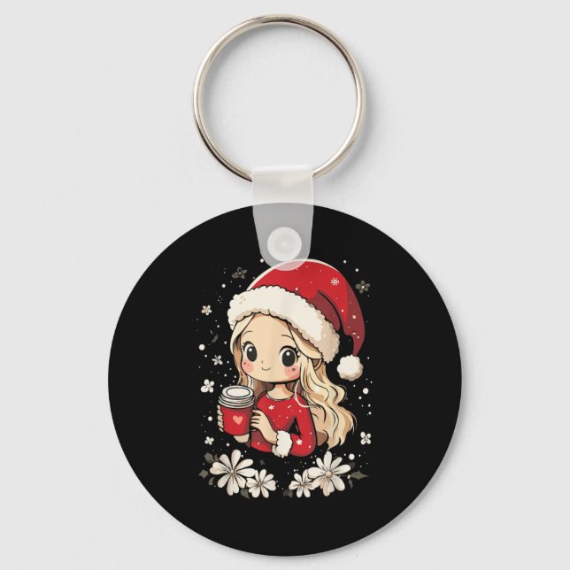 Christmas Santa Girl Coffee Flower Kids Santa Wome Key Ring (Front)