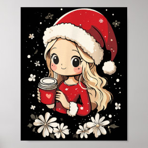 Christmas Santa Girl Coffee Flower Kids Santa Wome Poster