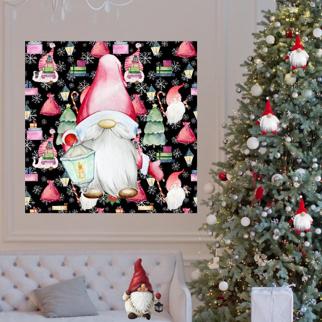 Christmas Santa Gnome & Black Pattern Background Poster (Christmas Santa Gnome & Black Pattern Background Poster)