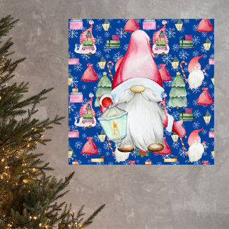 Christmas Santa Gnome & Blue Pattern Background Poster