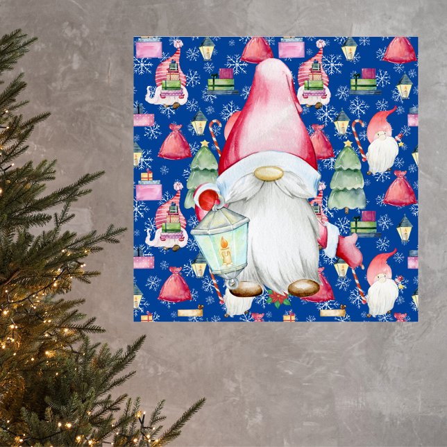 Christmas Santa Gnome & Blue Pattern Background Poster (Christmas Santa Gnome & Blue Pattern Background Poster)