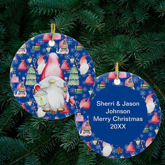 Christmas Santa Gnome & Blue Pattern Holiday Quote Ceramic Tree Decoration (Christmas Santa Gnome & Blue Pattern Holiday Quote Ceramic Ornament)