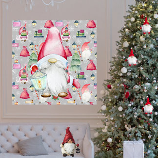 Christmas Santa Gnome & Silver Pattern Background Poster