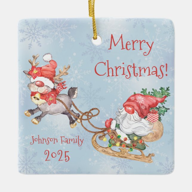 Christmas Santa Gnome with Reindeer Holiday  Ceramic Ornament (Front)